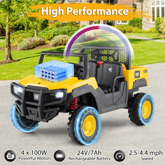 24V Ride On Dump Truck Licensed Caterpillar 2-Seater Kids Car with Remote Control-Yellow