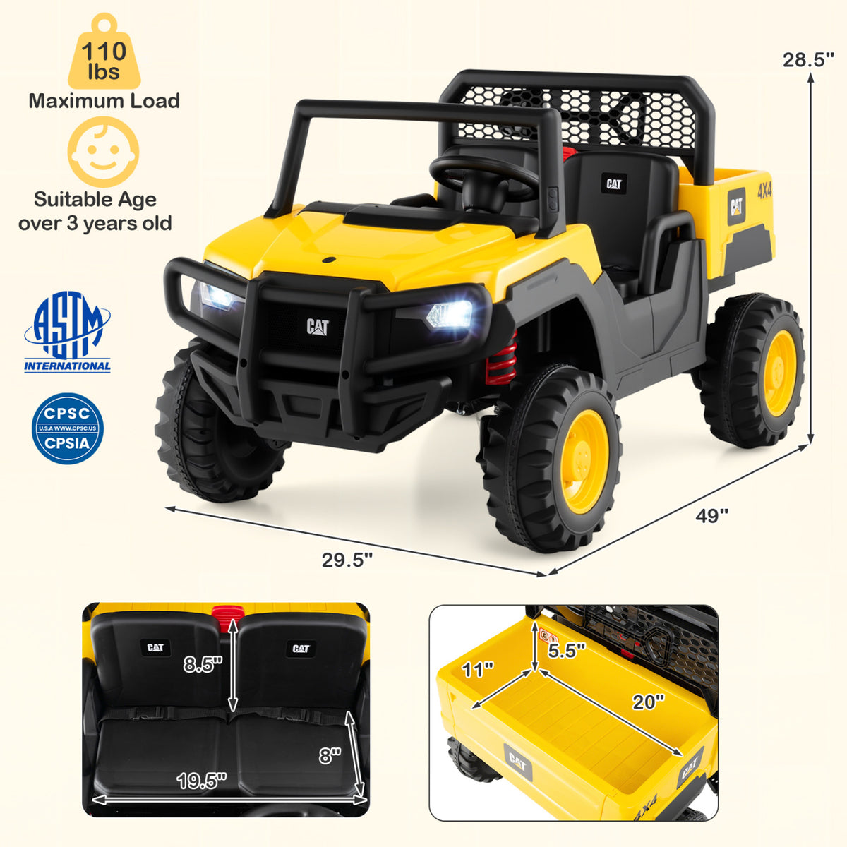 24V Ride On Dump Truck Licensed Caterpillar 2-Seater for Girls Boys-Yellow