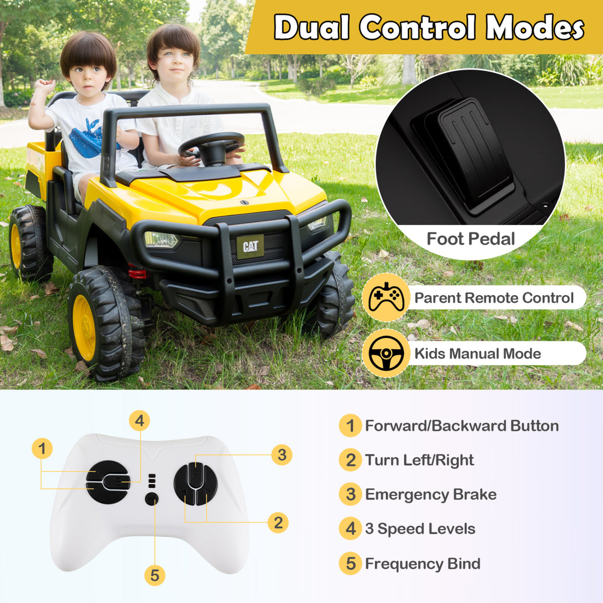 24V Ride On Dump Truck Licensed Caterpillar 2-Seater for Girls Boys-Yellow