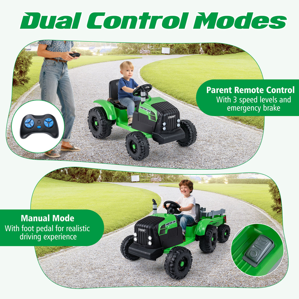 24V Ride On Tractor for Kids Electric Vehicle with Detachable Trailer and Remote Control-Green