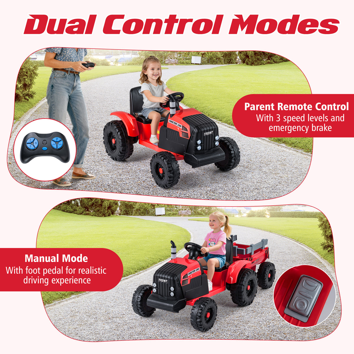 24V Ride On Tractor for Kids Electric Vehicle with Detachable Trailer and Remote Control-Red