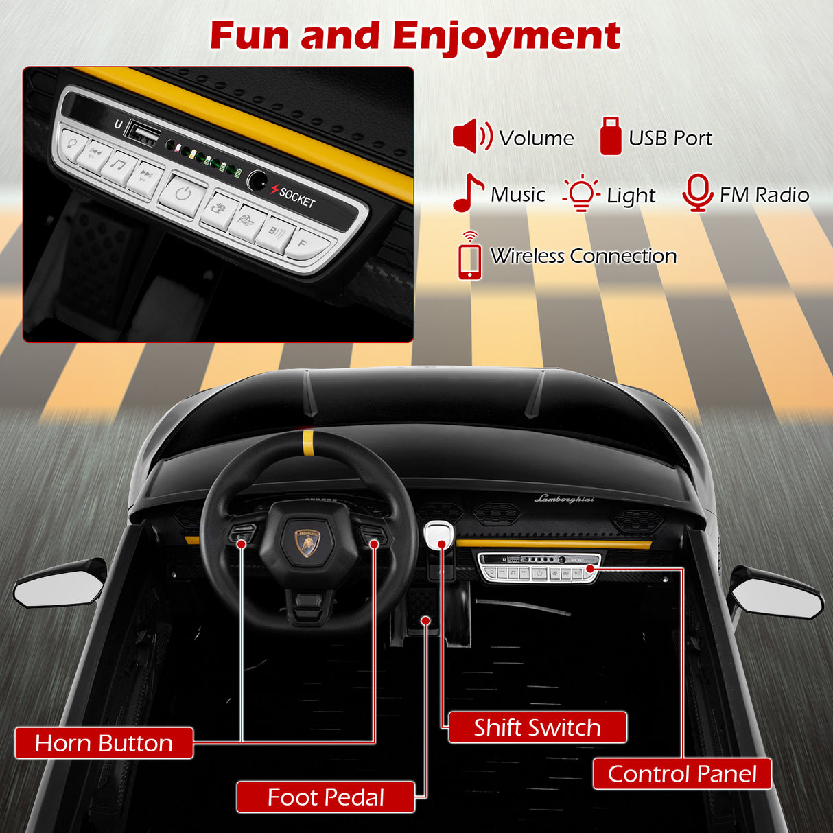 24V Ride-on Car for Kids 4WD 2-Seater Licensed Lamborghini Electric Vehicles with Music-Black
