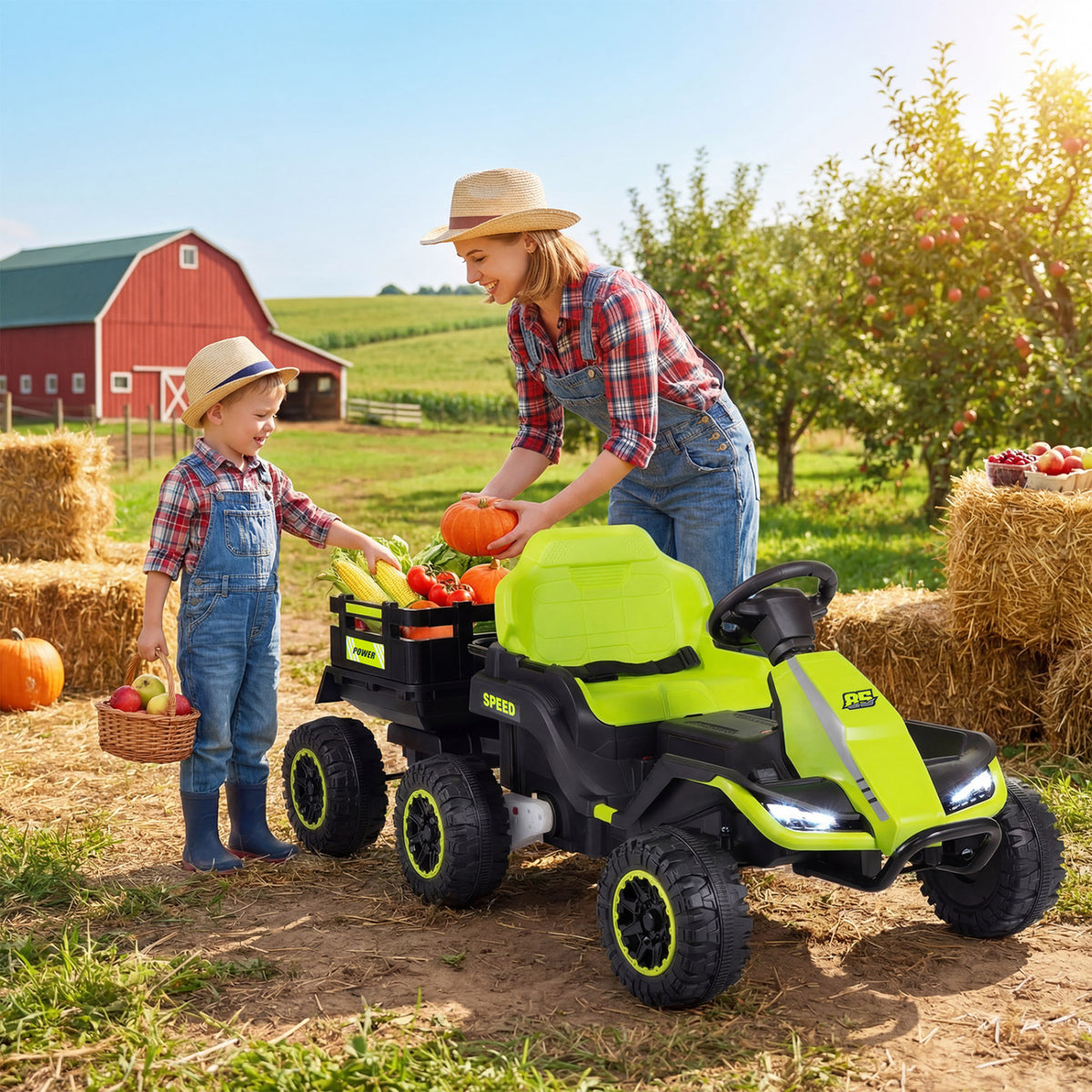 24V Ride on Tractor with Detachable Trailer and Music for Boys Girls-Green