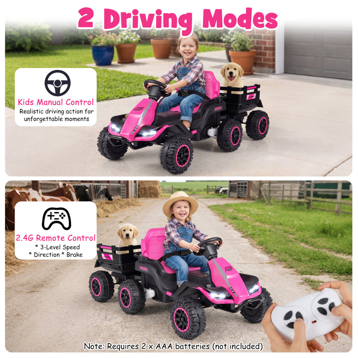 24V Ride on Tractor with Detachable Trailer and Music for Boys Girls-Pink