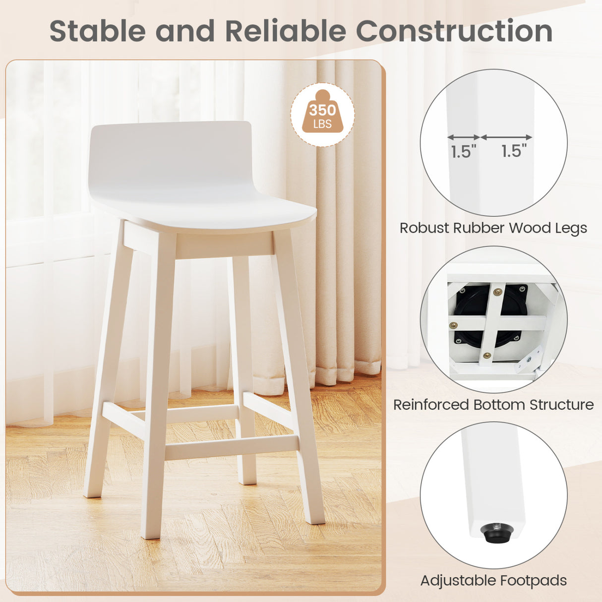 24.5 Inch Swivel Wooden Bar Stools Set of 2 with Rubber Wood Legs and Low Back-White