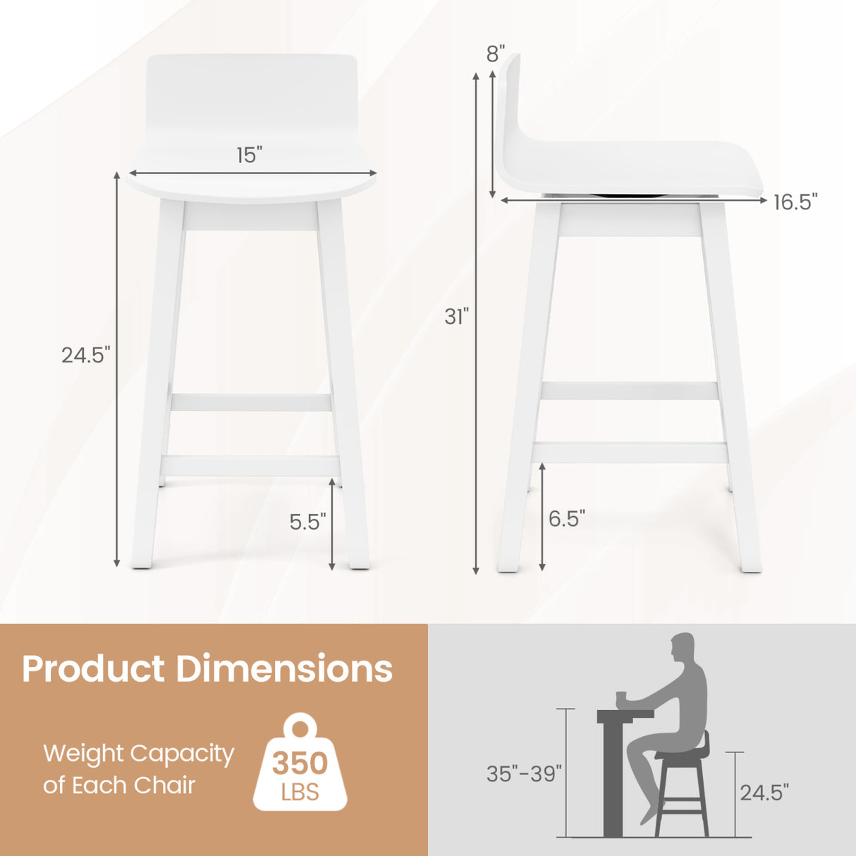 24.5 Inch Swivel Wooden Bar Stools Set of 2 with Rubber Wood Legs and Low Back-White