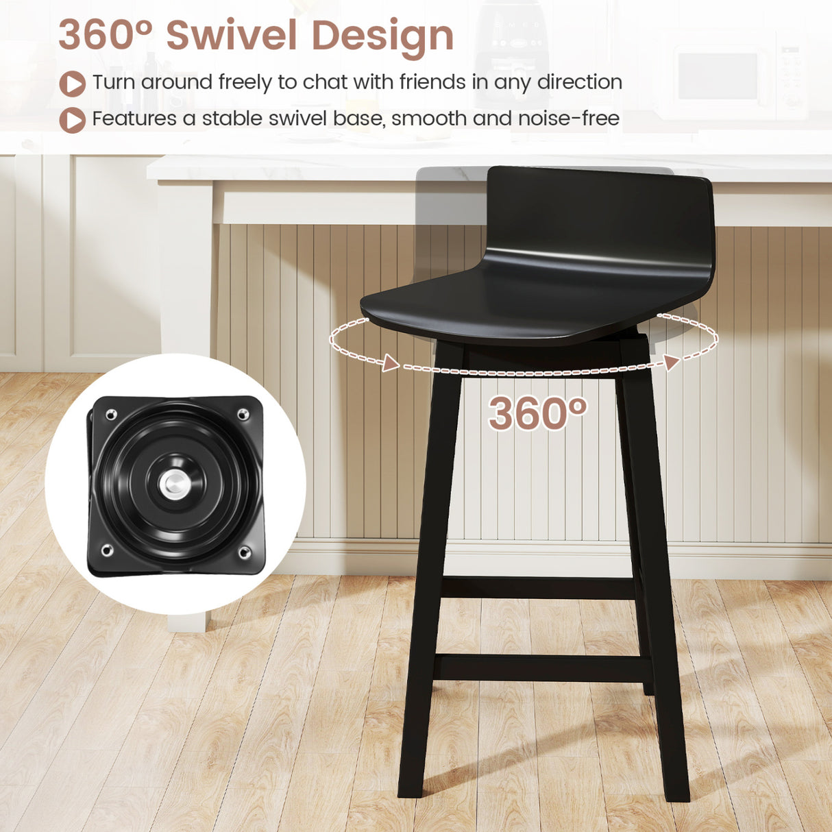 24.5 Inch Swivel Wooden Bar Stools Set of 2 with Rubber Wood Legs and Low Back-Black