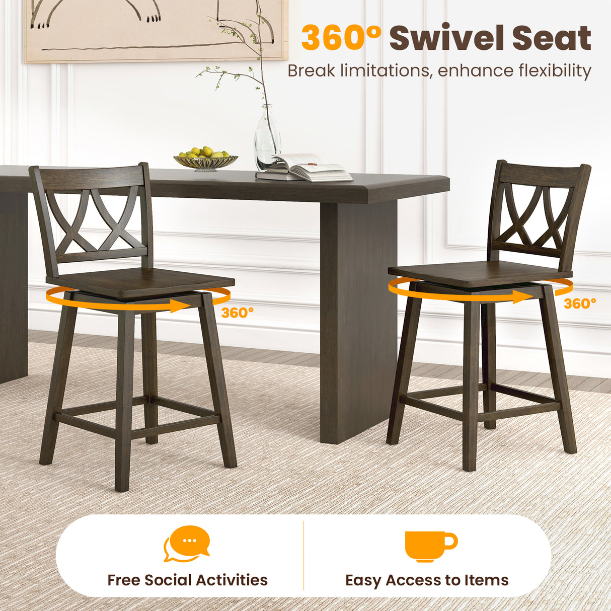 24/29 Inch Bar Stool Set of 2 Wooden Bar Chairs with Rubber Wood Frame-24 inches