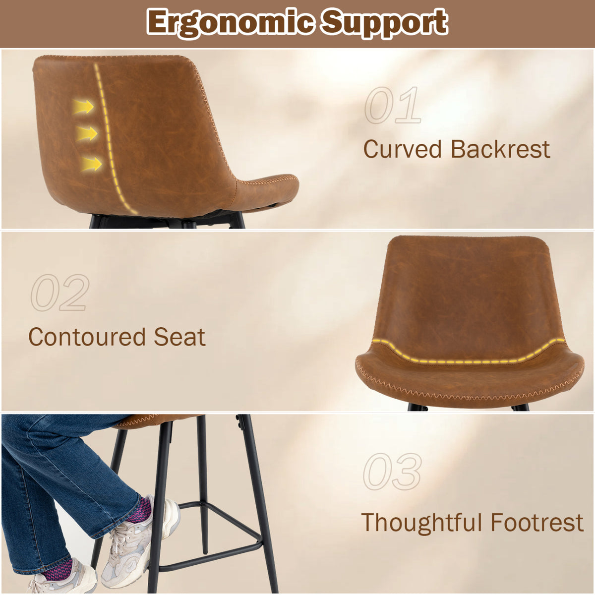 24 Inch Bar Stools Set of 2 with Backs and Footrests-Brown