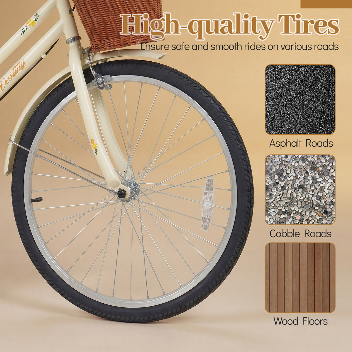 24 Inch Beach Cruiser Bike for Women with Woven Basket and Rear Rack - Beige
