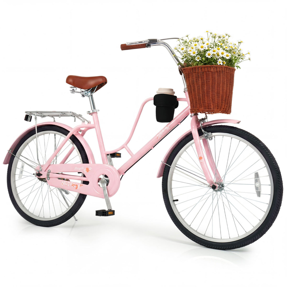 24-Inch Beach Cruiser Bike with Cup Holder and Woven Basket - Pink