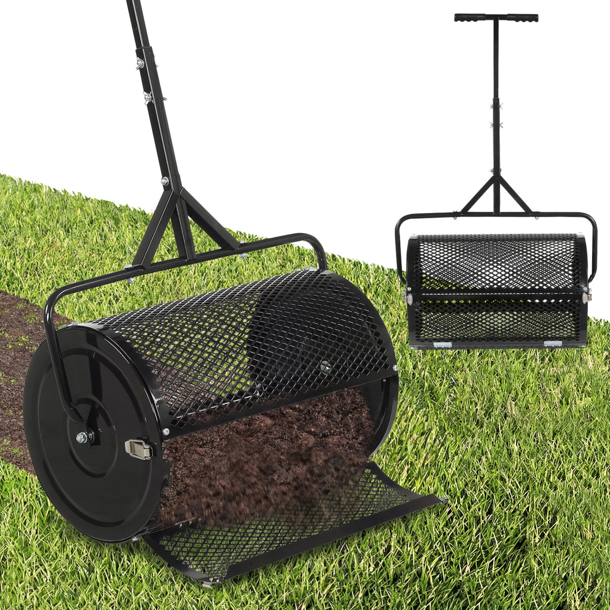 24 Inch Compost Spreader Peat Moss Spreader Roller with Height-Adjustable T-Shaped Handle-Black
