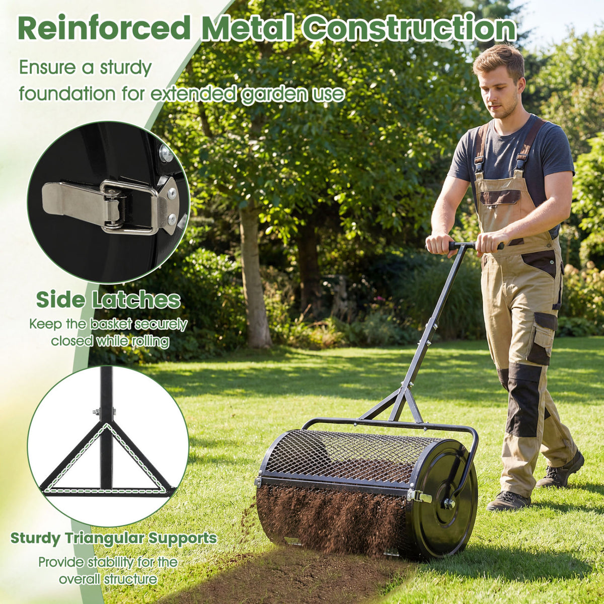 24 Inch Compost Spreader Peat Moss Spreader Roller with Height-Adjustable T-Shaped Handle-Black