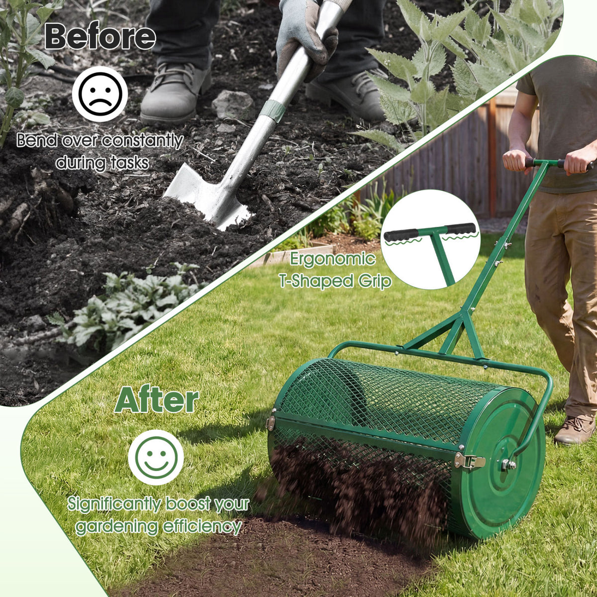 24 Inch Compost Spreader Peat Moss Spreader Roller with Height-Adjustable T-Shaped Handle-Green