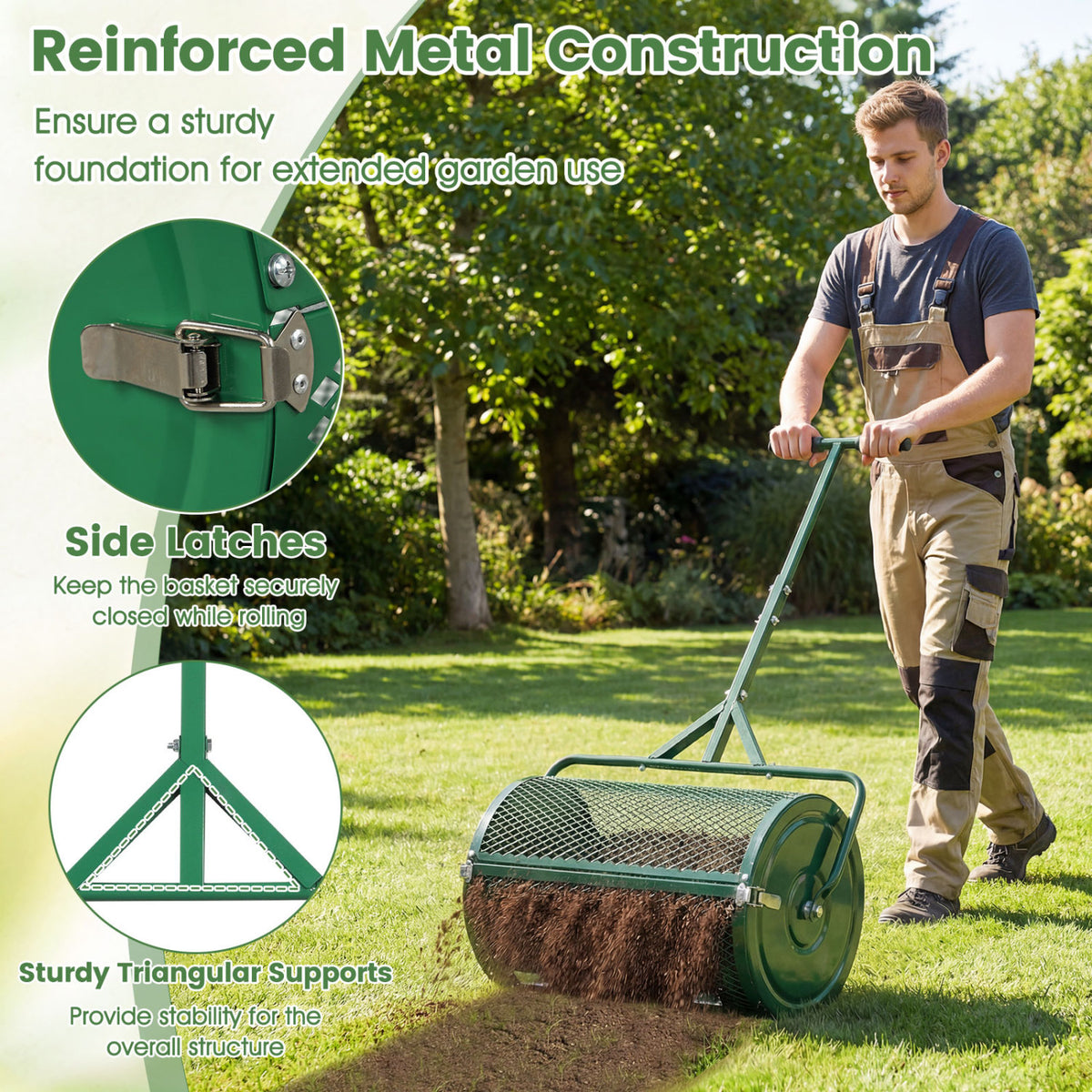 24 Inch Compost Spreader Peat Moss Spreader Roller with Height-Adjustable T-Shaped Handle-Green