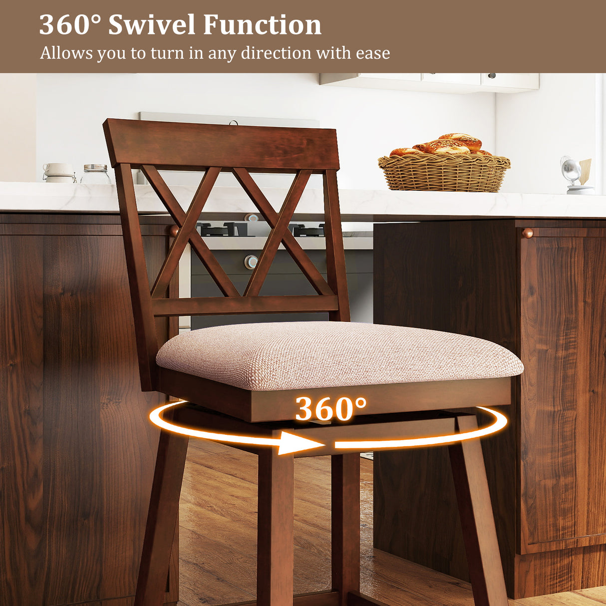 24 Inch Counter Height Barstools with Backrest and Upholstered Seat Cushion for Kitchen Dining Room-Oak