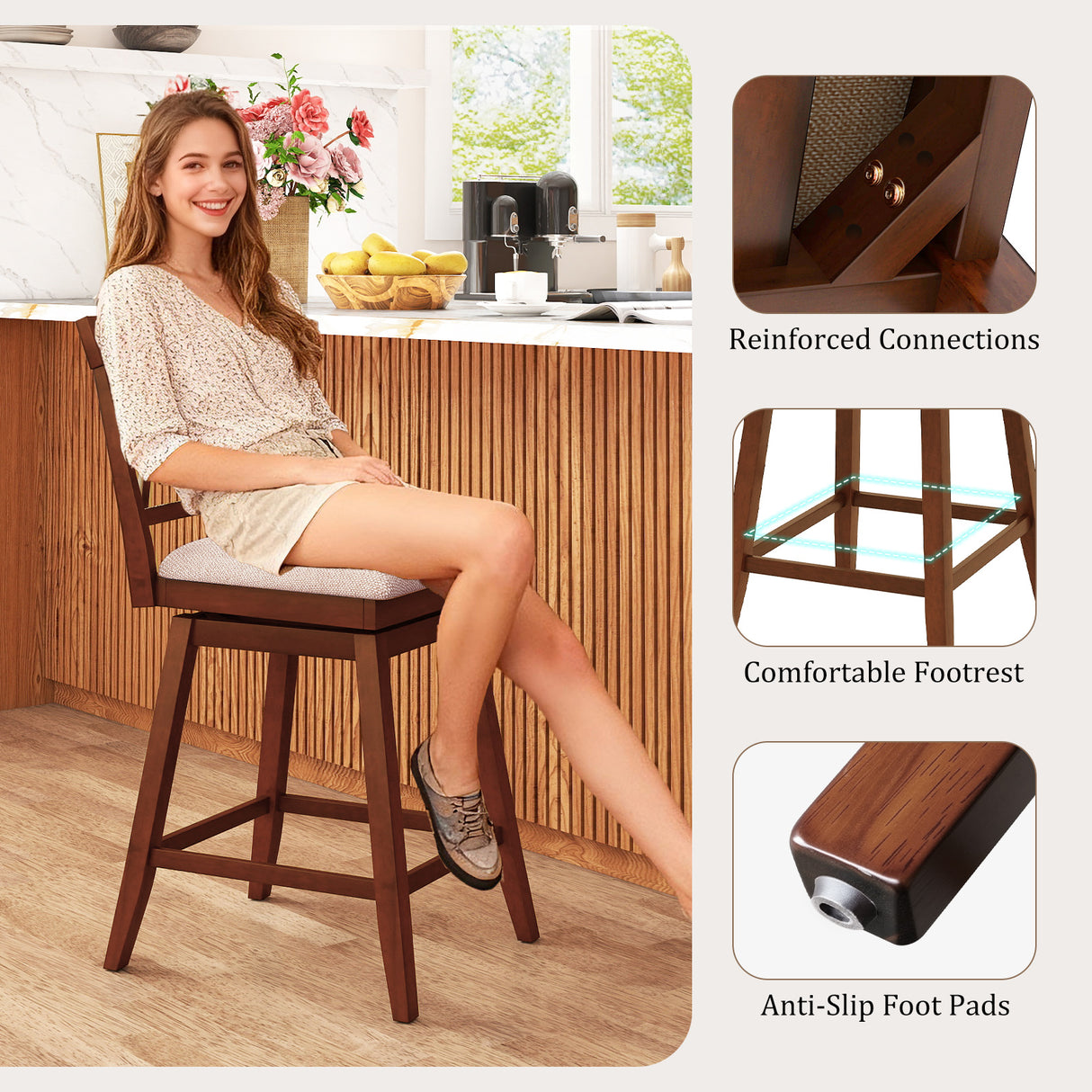 24 Inch Counter Height Barstools with Backrest and Upholstered Seat Cushion for Kitchen Dining Room-Oak
