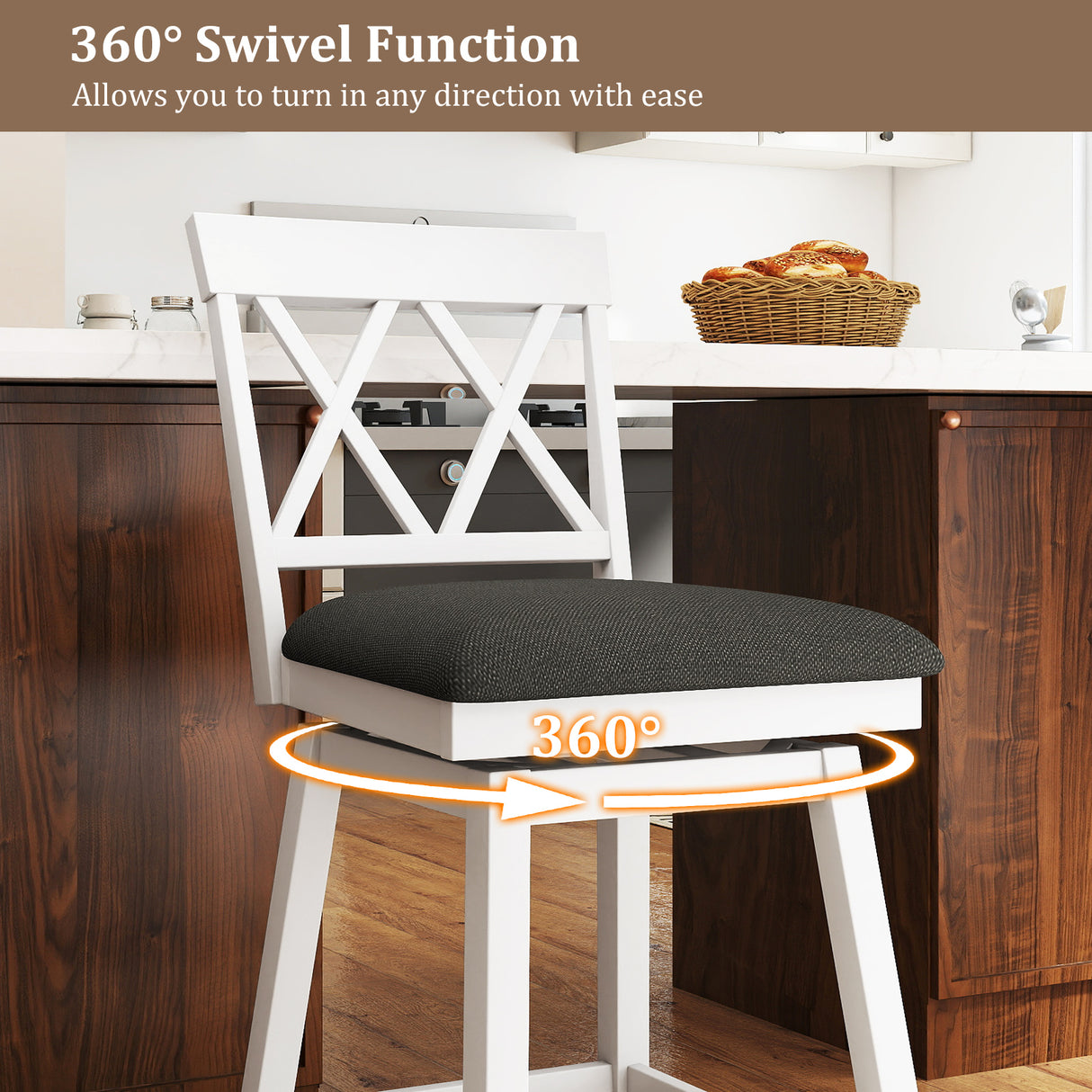 24 Inch Counter Height Barstools with Backrest and Upholstered Seat Cushion for Kitchen Dining Room-White