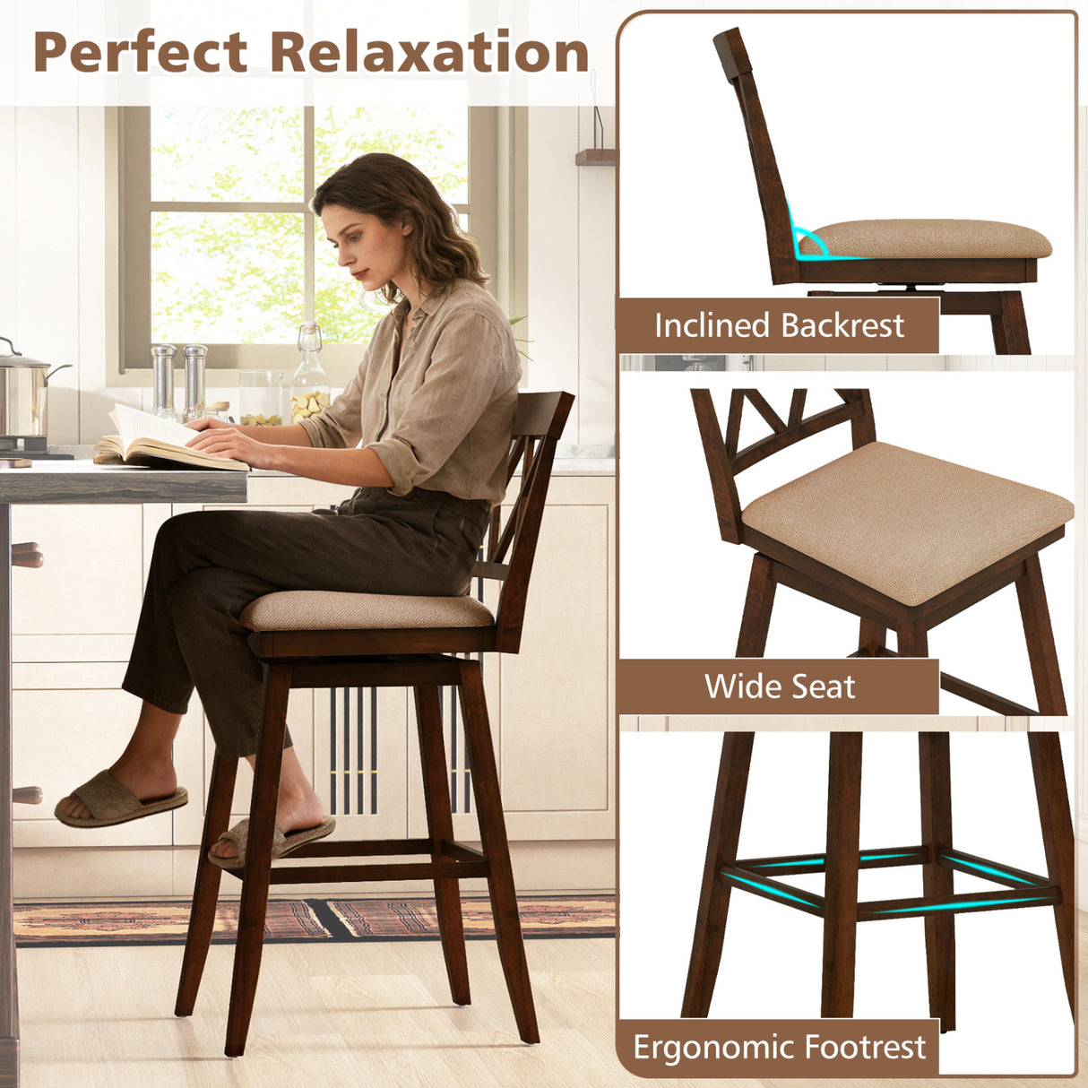 24 Inch Counter Height Barstools Set of 2 with Backrest and Seat Cushion-29 inches