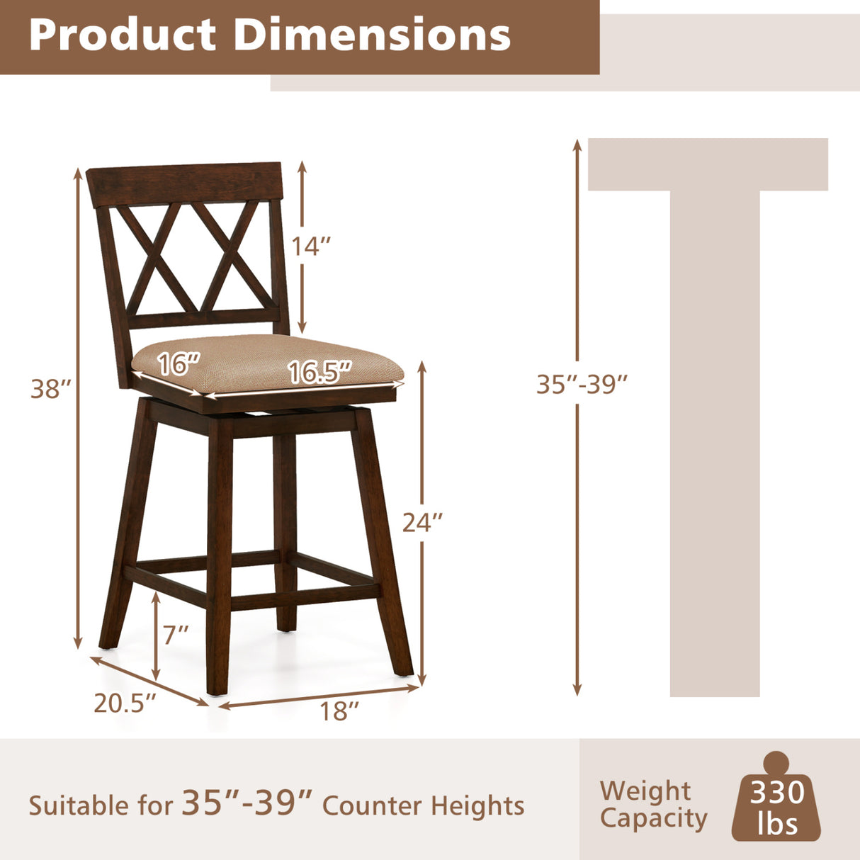 24 Inch Counter Height Barstools Set of 2 with Backrest and Seat Cushion-24 Inches