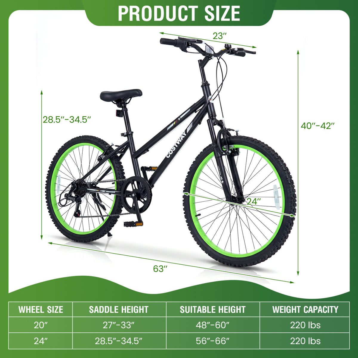24 Inch Kids Mountain Bike Adjustable with 7 Speed and Suspension Fork-Black