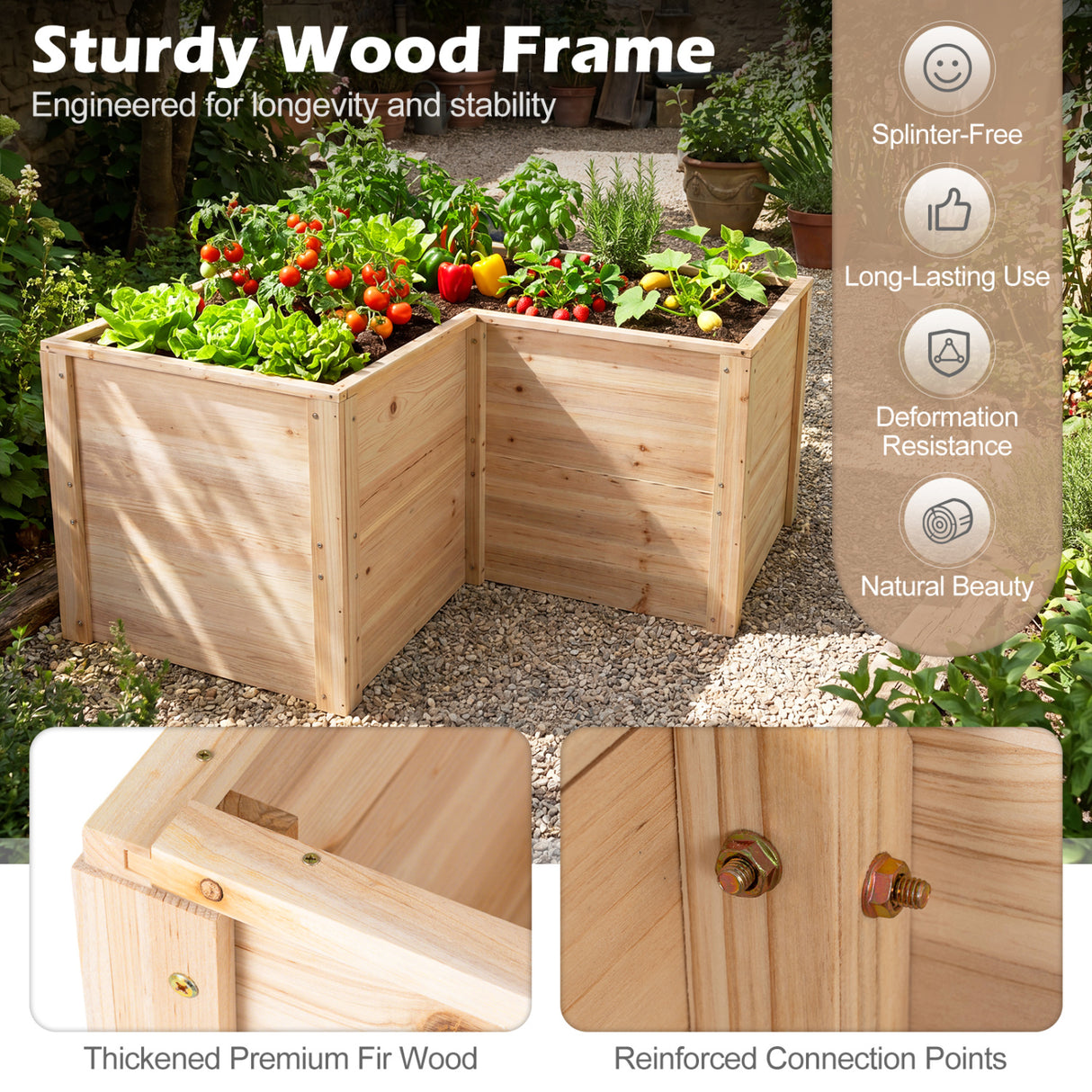 24 Inch L-Shaped Wooden Raised Garden Bed with Open-Ended Base-Natural