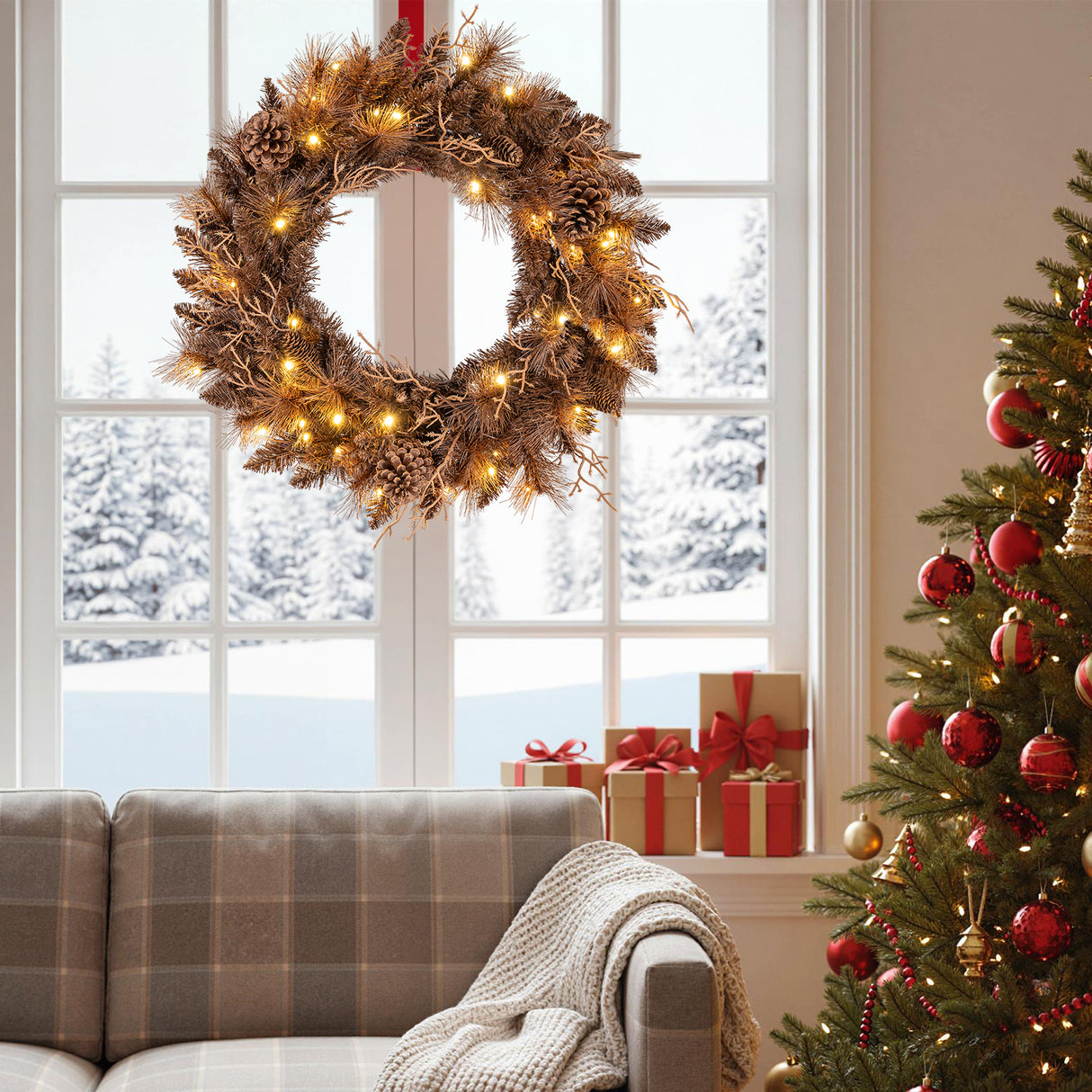 24 Inch Pre-lit Christmas Wreath with 105 Branch Tips and 35 Warm White LED Lights-1 piece