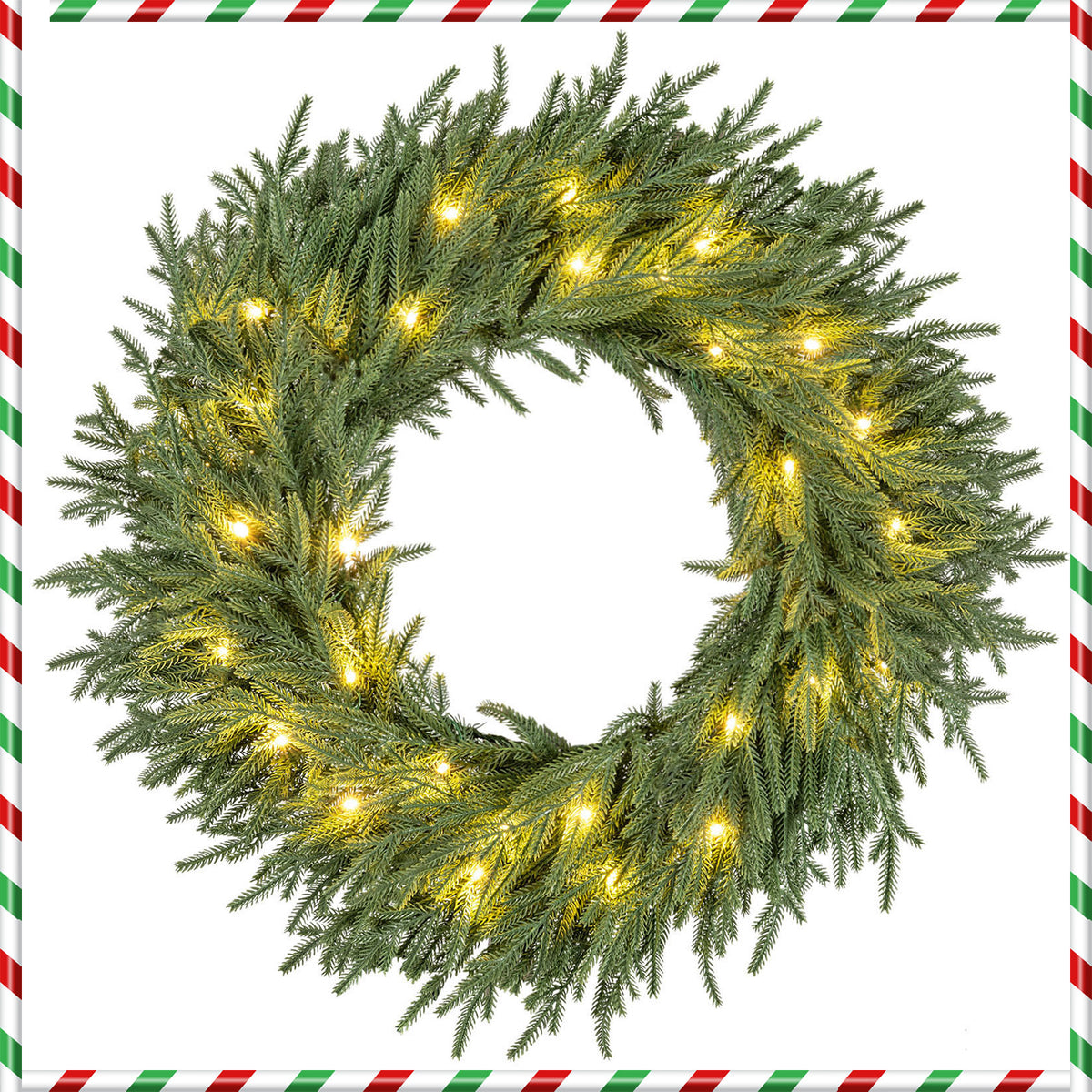 24 Inch Pre-lit Christmas Wreath with 108 Branch Tips and 35 Warm White LED Lights for Wall Window-1 piece