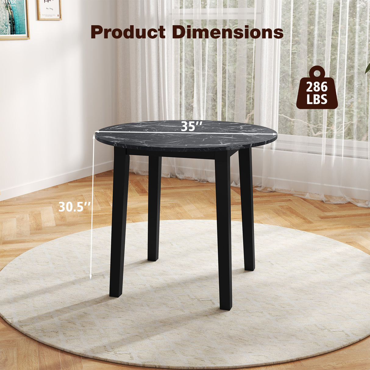 35 Inch Round Dining Table with Rubber Wood Legs and Marble-textured Veneer Tabletop-Black