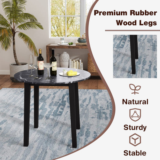 35 Inch Round Dining Table with Rubber Wood Legs and Marble-textured Veneer Tabletop-Black