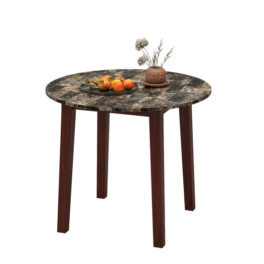 35 Inch Round Dining Table with Rubber Wood Legs and Marble-textured Veneer Tabletop-Brown