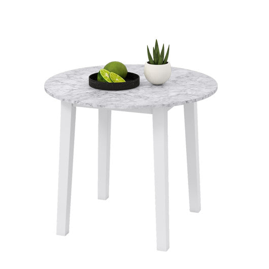 35 Inch Round Dining Table with Rubber Wood Legs and Marble-textured Veneer Tabletop-White