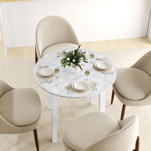 35 Inch Round Dining Table with Rubber Wood Legs and Marble-textured Veneer Tabletop-White
