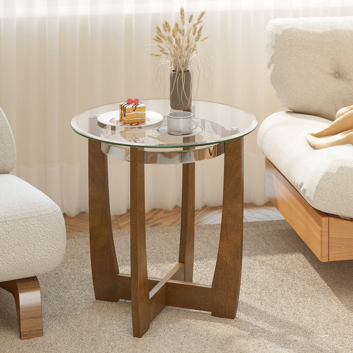 24 Inches Round Side Table with Tempered Glass Top and Solid Rubber Wood Base-Walnut