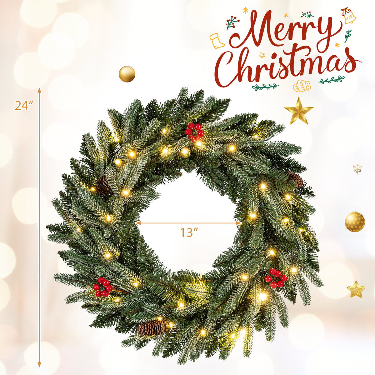 24†Pre-lit Christmas Wreath Set of 2 Front Door Artificial Xmas Wreath with 90 Frosted Branch Tips