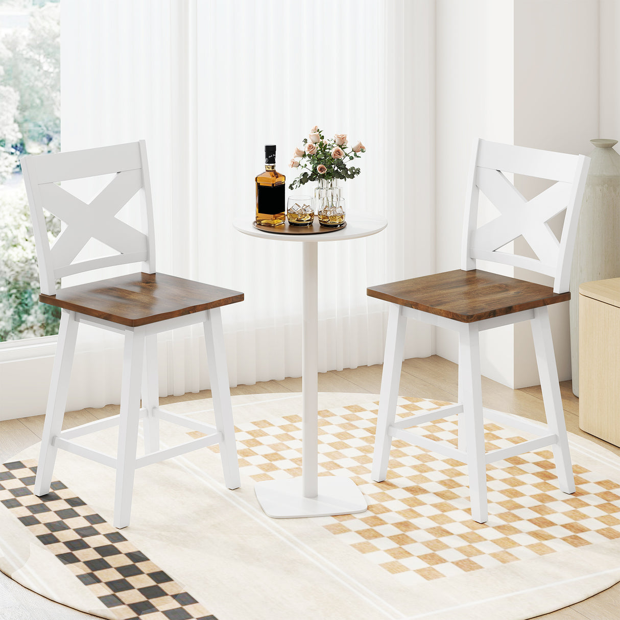 24" Rubberwood Swivel Barstools Set of 2 with Backrest and Large Seat-White