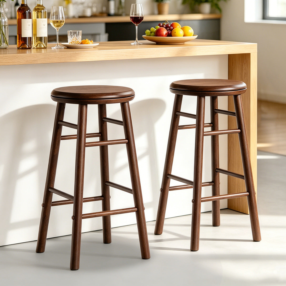 24" Swivel Bar Stools Set of 2 with Footrests & Crossbars-Walnut