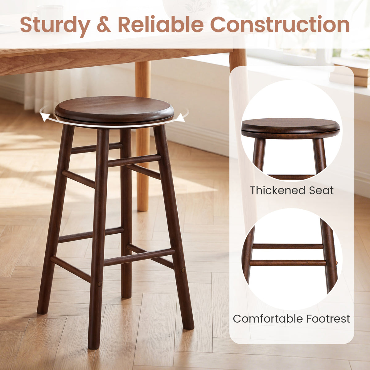 24" Swivel Bar Stools Set of 2 with Footrests & Crossbars-Walnut