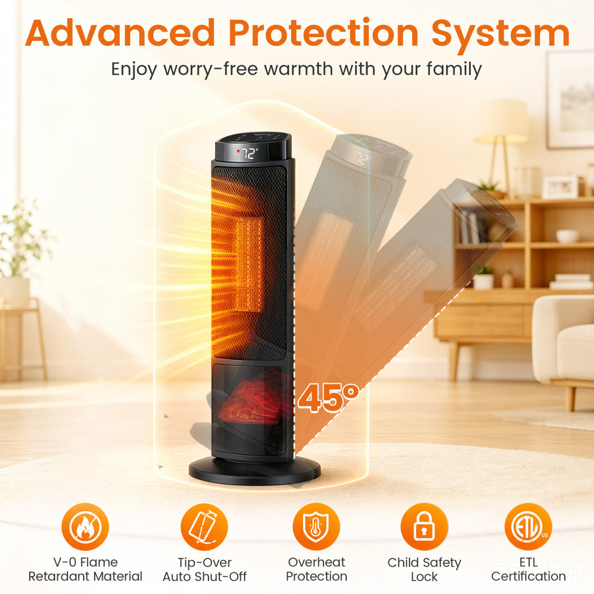 24 inch 1500W PTC Ceramic Tower Space Heater with 7-Color Flame-Black