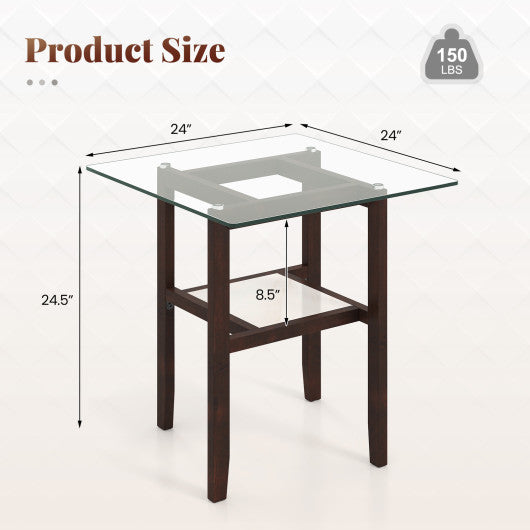 24 Inch 2-Tier Square Glass Coffee Table Center Table with Storage Shelf-Brown