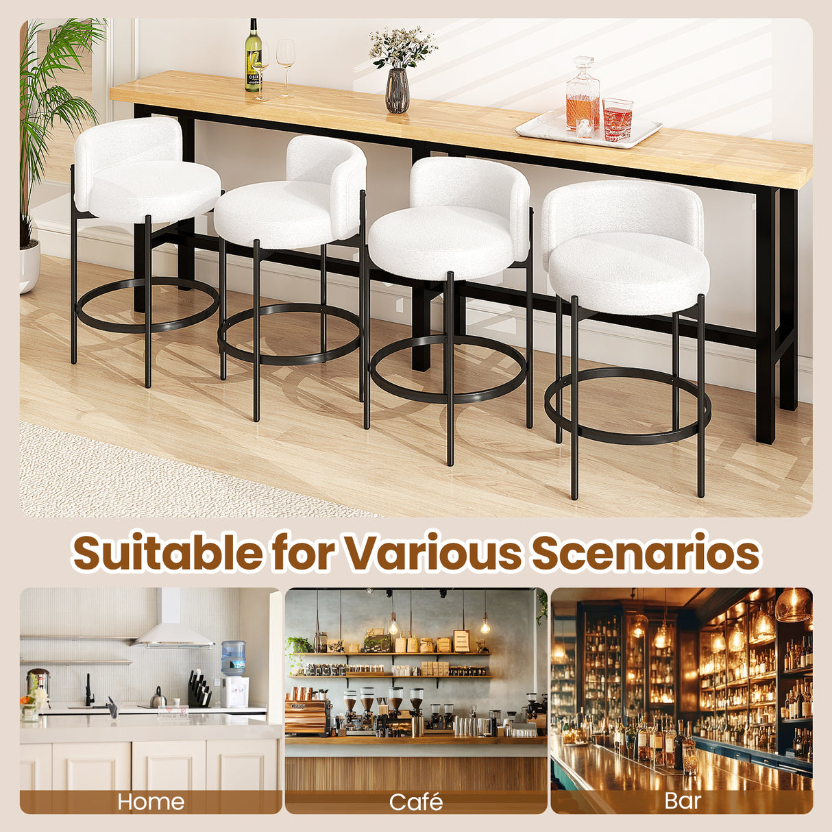 24 Inch Boucle Counter Stools Set of 4 with Curved Backrest