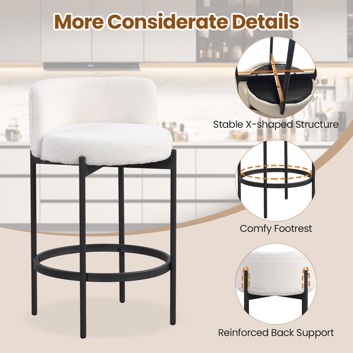 24 Inch Boucle Counter Stools Set of 4 with Curved Backrest