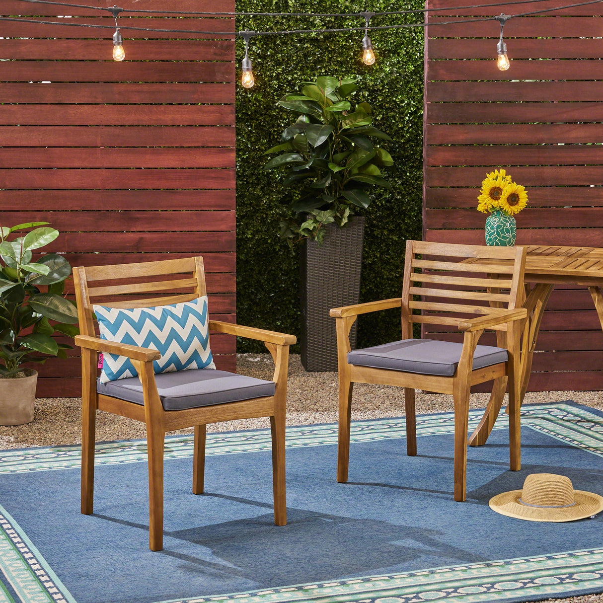 Outdoor Dining Chair With Slat Back And Acacia Wood Frame (Set of 2) - Gray / Teak