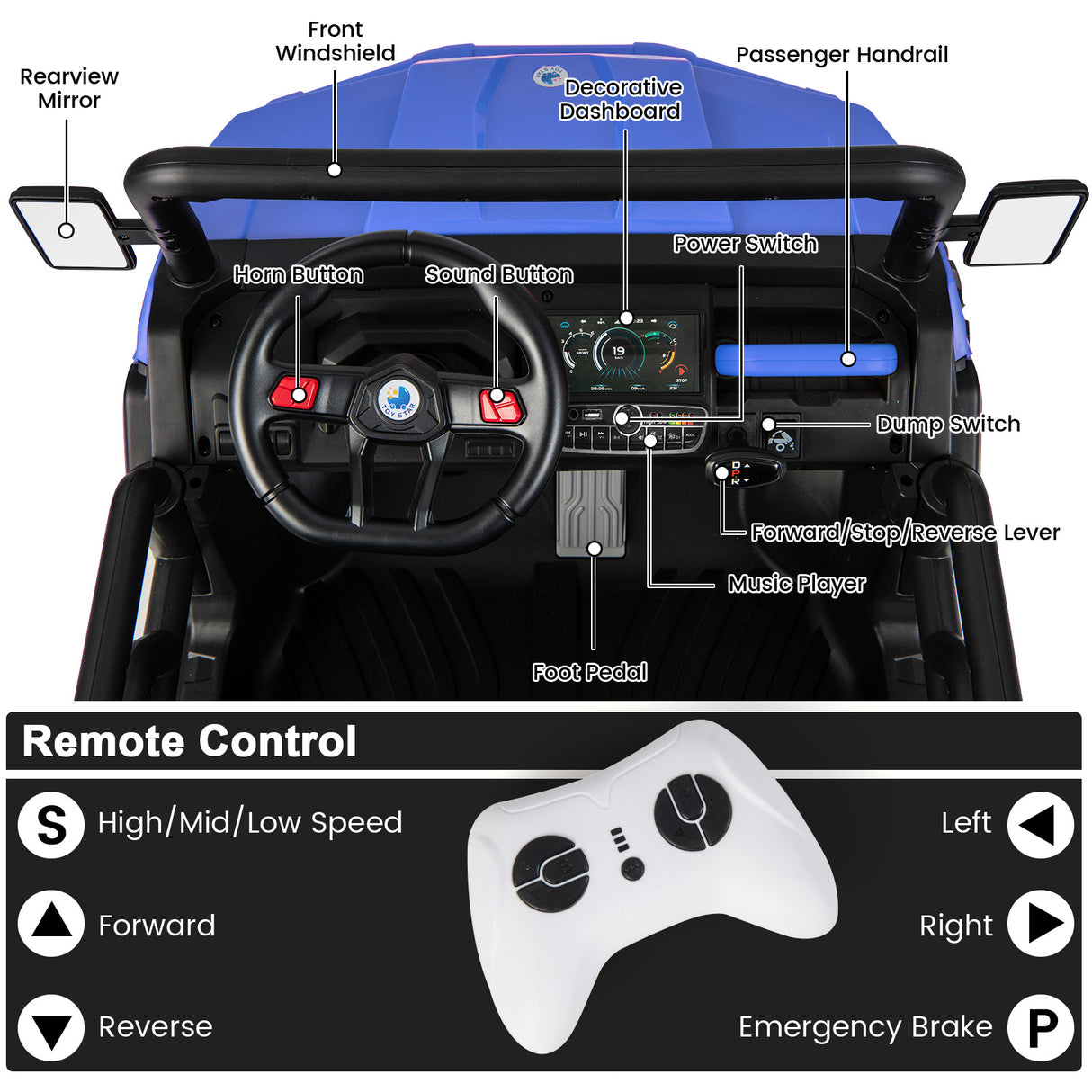 24V Ride On Kids Car with Dump Bed and Remote Control-Navy