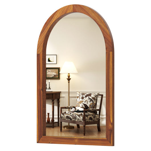 24 Inch x 35 Inch Arched Wall Mirror with Solid Acacia Wood Frame-Brown