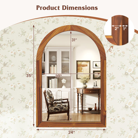 24 Inch x 35 Inch Arched Wall Mirror with Solid Acacia Wood Frame-Brown