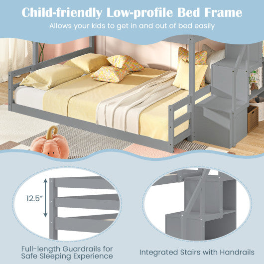 Solid Wood Twin Over Full Low Bunk Bed with Storage Stairs-Grey