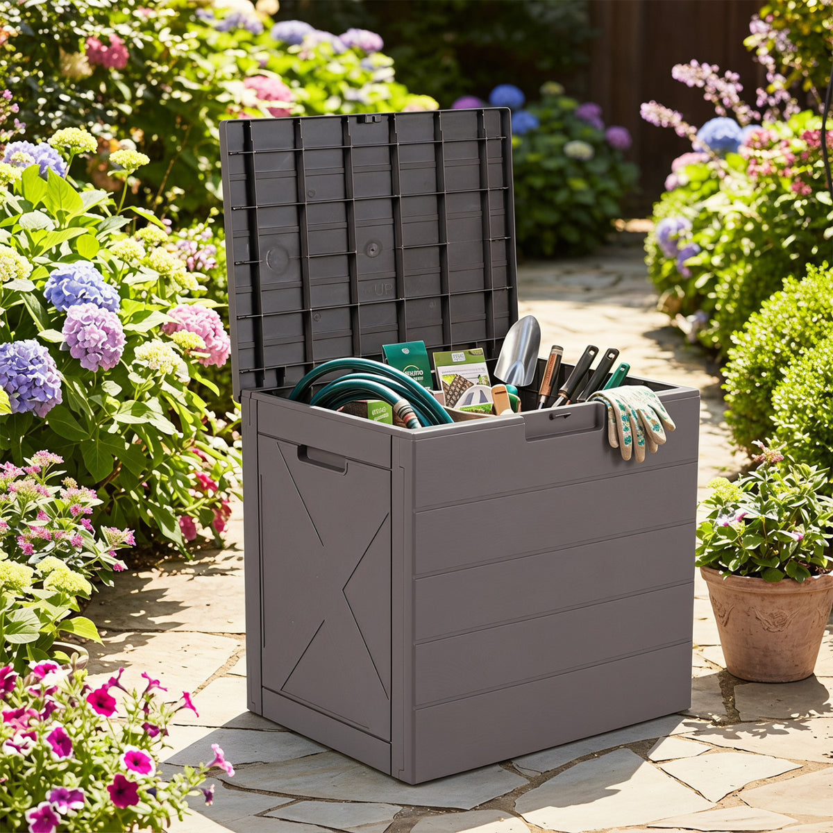 25 Gallon Storage Bin with Lid Carry Handles and Lock Hole for Patio Furniture Accessories-Gray