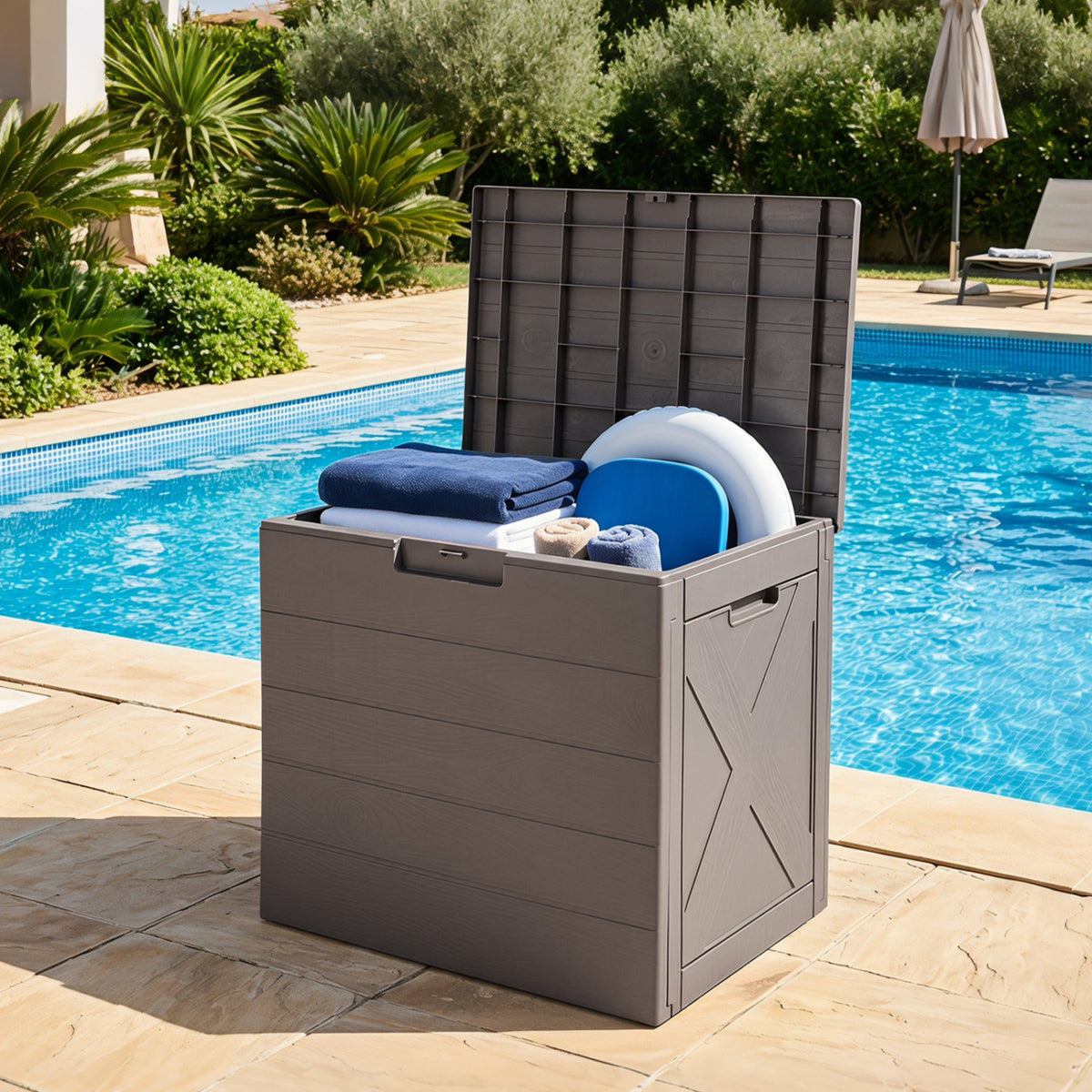 25 Gallon Storage Bin with Lid Carry Handles and Lock Hole for Patio Furniture Accessories-Gray