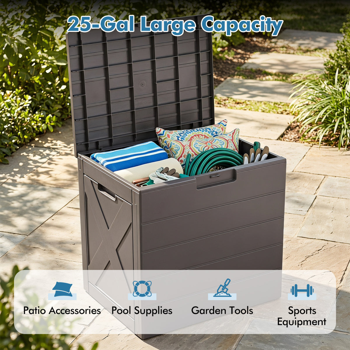25 Gallon Storage Bin with Lid Carry Handles and Lock Hole for Patio Furniture Accessories-Gray